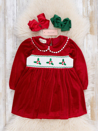 Girls ruby red velvet smocked holly Christmas dress, photo 2