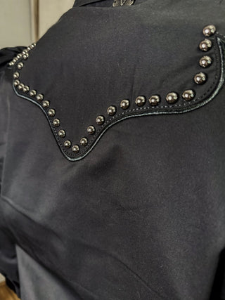 Black Puff Sleeve Pearl Snap Yoke Studded Shirt