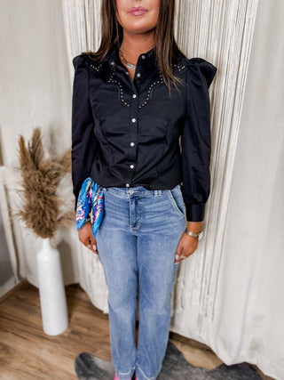 Black Puff Sleeve Pearl Snap Yoke Studded Shirt