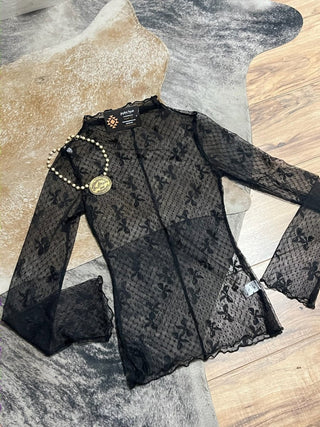 Black Sheer Bow Dot Mesh Long Sleeve High Neck Top - Jayden Layne