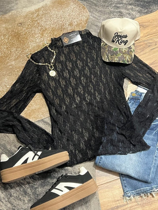Black Sheer Lace Long Sleeve High Neck Layering Top - Jayden Layne
