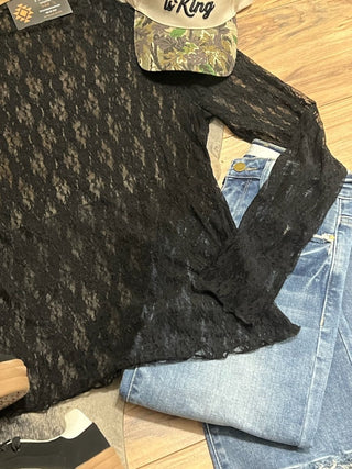 Black Sheer Lace Long Sleeve High Neck Layering Top