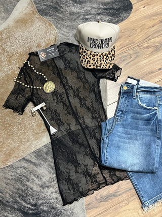 Black Sheer Lace Mesh High Neck Short Sleeve Layering Top - Jayden Layne