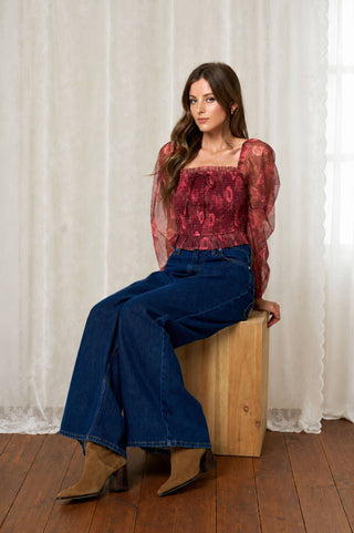Floral Chiffon Smocked Long Sleeve Top