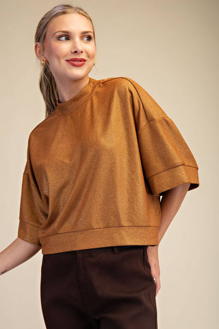 Camel Textured Knit Crew Neck Top
