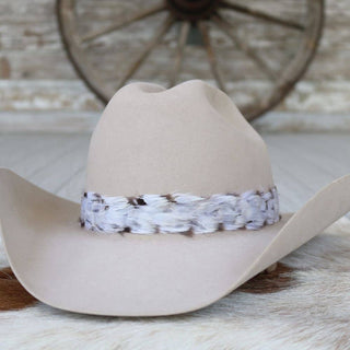 Gray and silver western feather hat band Boyd on a tan cowboy hat, photo 1