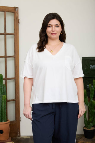 Plus Washed Exposed Seam V-Neck Boxy Knit Top