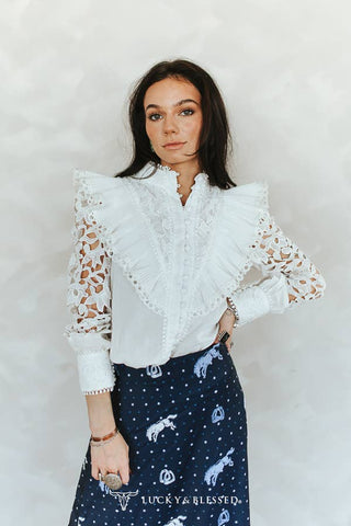 Ivory crochet lace ruffle long sleeve top, front view