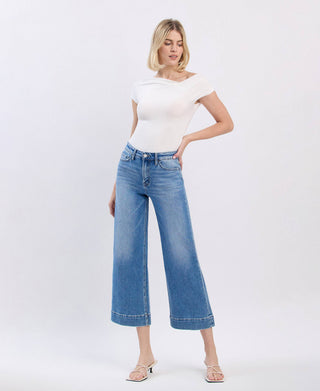 Medium wash high rise crop wide leg jeans, front view