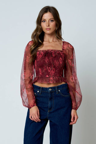 Floral Chiffon Smocked Long Sleeve Top