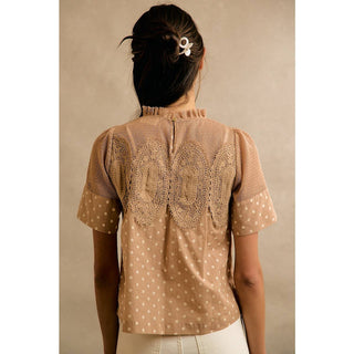 Polka Dot Print Lace Trim Short Sleeve Cotton Blouse Top