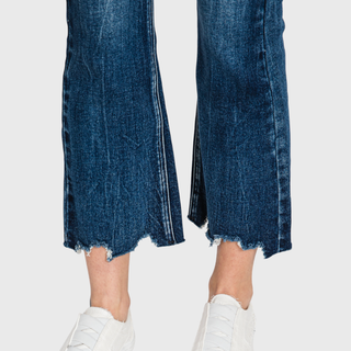 Dark High Rise Crop Bootcut Jeans w/Frayed Hem