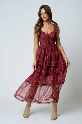 Floral Chiffon Ruffle Tiered Corset Maxi Dress