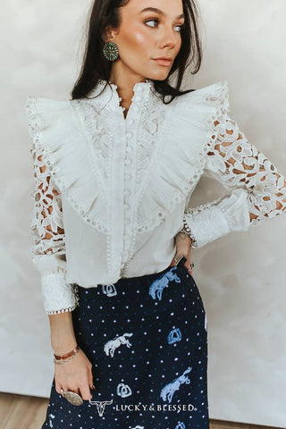 Ivory crochet lace top, back view showing lace detailing