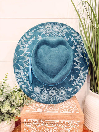 Floral print heart hat in vegan suede, charcoal and black options