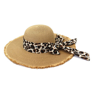Fur Edge Leopard Ribbon Round Top Straw Hat