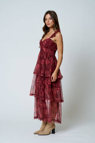 Floral Chiffon Ruffle Tiered Corset Maxi Dress