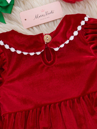 Baby girl red velvet smocked holly bloomers outfit, photo 5
