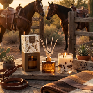 Into the Sunset candle lit on a rustic wood table beside a cowboy hat reed diffuser and gift box, with saddled horses in the background