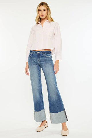 Kan Can mid rise wide flare cuffed hem dark stone wash jeans, photo 1