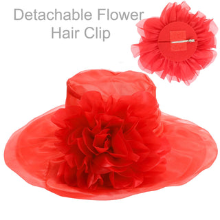 Wide Brim Organza Hat with Detachable Floral Fascinator Clip