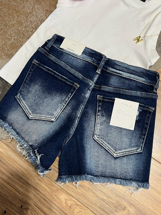 Dark Wash Distressed Denim Shorts | High Rise Raw Frayed Hem Jean Shorts - Jayden Layne