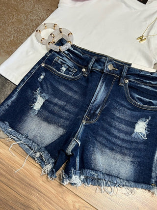 Dark Wash Distressed Denim Shorts | High Rise Raw Frayed Hem Jean Shorts - Jayden Layne