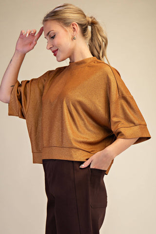 Camel Textured Knit Crew Neck Top