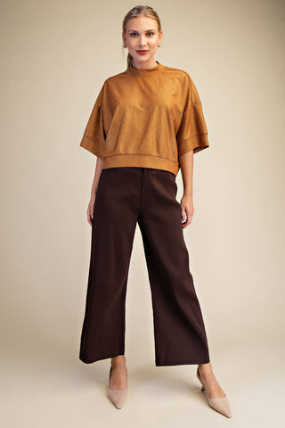 Camel Textured Knit Crew Neck Top