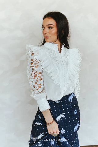 Ivory crochet lace ruffle top, sleeve detail