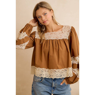 Camel square neck blouse with lace trim, back view showing lace neckline