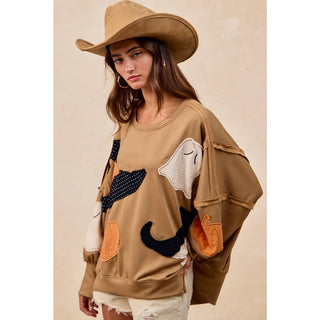 Oversized camel Halloween patchwork sweatshirt, back view
