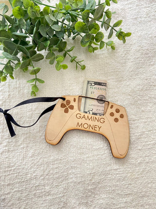 Gaming Money wooden controller money holder with black ribbon and greenery