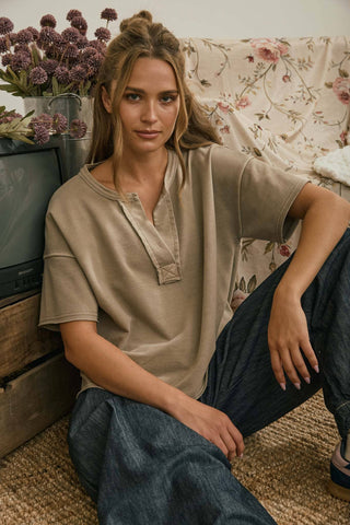 Mocha washed split neck raw edge knit top styled outfit