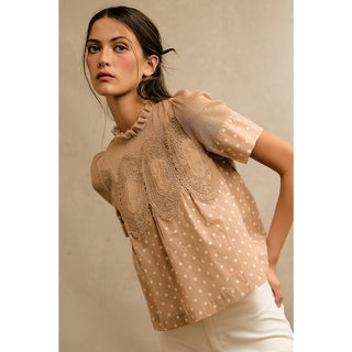 Polka Dot Print Lace Trim Short Sleeve Cotton Blouse Top