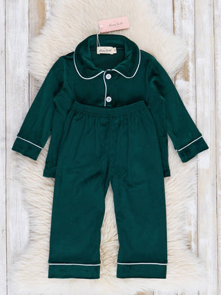 Boys emerald green velvet Christmas pajama set with white piping, photo 3