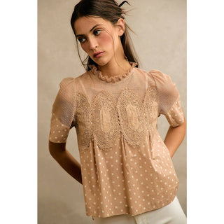 Polka Dot Print Lace Trim Short Sleeve Cotton Blouse Top