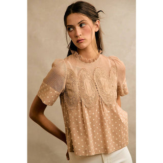 Polka Dot Print Lace Trim Short Sleeve Cotton Blouse Top