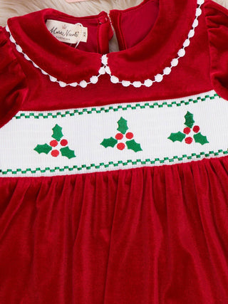 Girls ruby red velvet smocked holly Christmas dress, photo 4