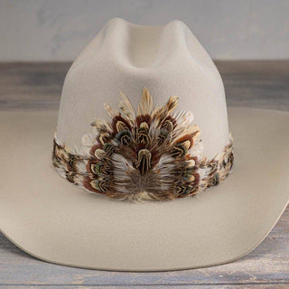 Feather Hat Band - Avalon on beige western hat, boho style, denim vibes, from Jayden Layne size-inclusive boutique in Tomball TX
