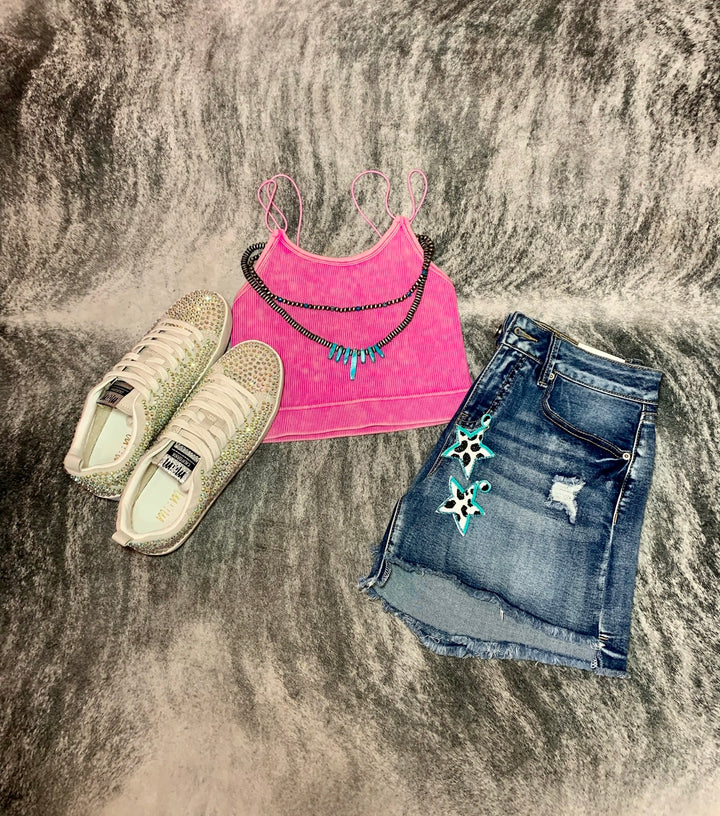Neon Pink Double Strap Cropped Tank