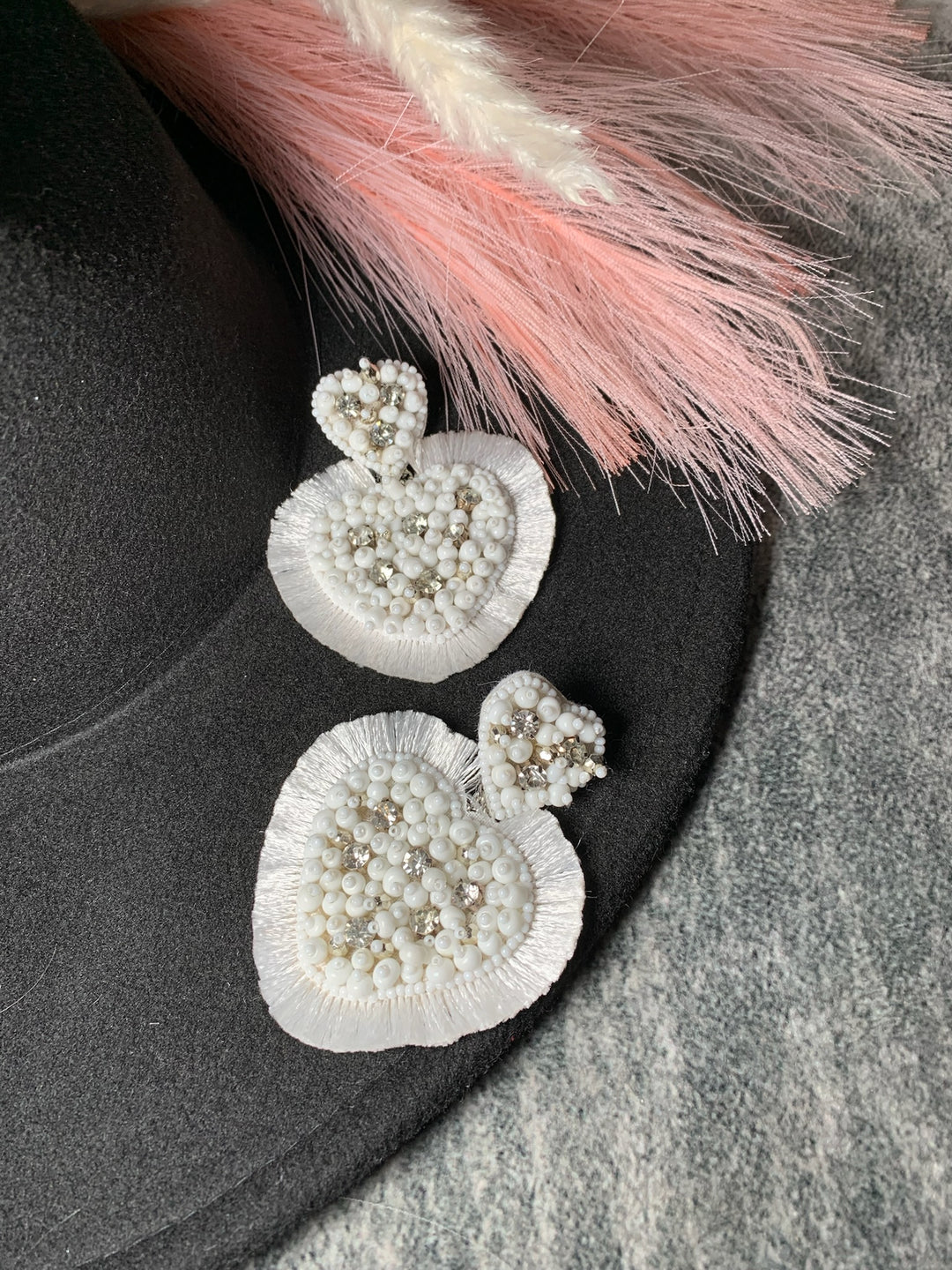 White Heart Seed Bead Earrings