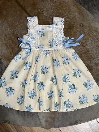 Lace-trimmed Bow Girls' Dress-Blue