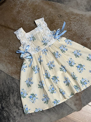 Lace-trimmed Bow Girls' Dress-Blue