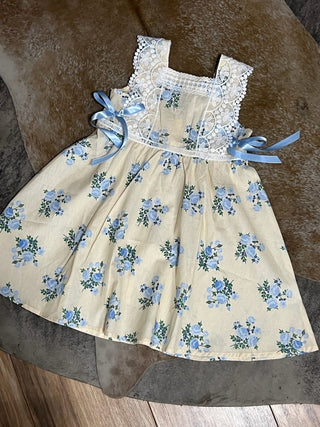 Lace-trimmed Bow Girls' Dress-Blue