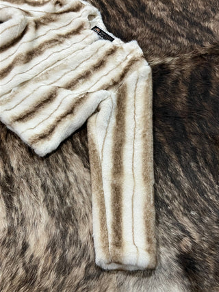 Striped Faux Fur Cropped Open-Front Jacket - White/Taupe