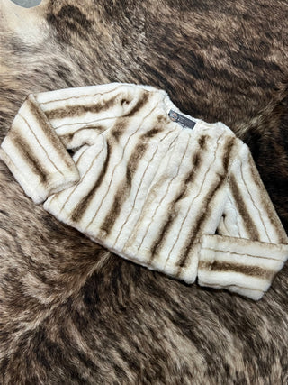Striped Faux Fur Cropped Open-Front Jacket - White/Taupe
