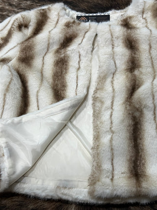 Striped Faux Fur Cropped Open-Front Jacket - White/Taupe