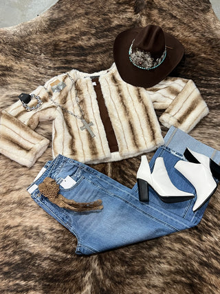 Striped Faux Fur Cropped Open-Front Jacket - White/Taupe