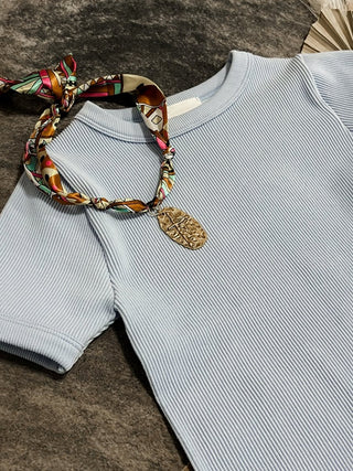 Light Blue Ribbed Short Sleeve Bodysuit - Jayden Layne
